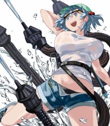 Rule 34 | 1girl, bare legs, black panties, blue eyes, blue footwear, blue hair, blue shorts, blush, breasts, commentary, cross-laced footwear, denim, denim shorts, foot out of frame, from below, goggles, goggles on head, green hat, hair bobbles, hair ornament, hat, kawashiro nitori, large breasts, mechanical tentacles, medium hair, megame (okbnkn), midriff, navel, open fly, open mouth, panties, science fiction, shirt, shoes, short shorts, shorts, simple background, smile, solo, touhou, twintails, underwear, water, water drop, water gun, wet, wet clothes, wet shirt, white background, white shirt