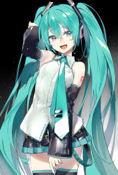 Rule 34 | 1girl, aqua eyes, aqua hair, aqua nails, aqua necktie, argyle, arm at side, armpits, bad id, bad pixiv id, bare shoulders, belt, black skirt, black sleeves, black thighhighs, breasts, collared shirt, contrapposto, cowboy shot, dark background, detached sleeves, eyelashes, eyes visible through hair, fingernails, gradient background, grey background, hair between eyes, hand in own hair, hand up, hatsune miku, headset, highres, light particles, light smile, long eyelashes, long hair, loose belt, nail polish, necktie, number tattoo, open mouth, pleated skirt, rsk (tbhono), shirt, shoulder tattoo, sidelocks, sideways glance, skirt, sleeveless, sleeveless shirt, small breasts, solo, standing, tattoo, teeth, thighhighs, tie clip, tsurime, twintails, upper teeth only, very long hair, vocaloid, white background, white shirt, zettai ryouiki