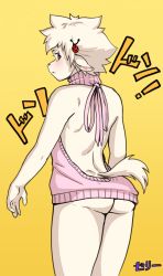 Rule 34 | 1boy, ass, ass focus, bad id, bad twitter id, blush, bottomless, furry, furry male, hair ornament, highres, jelly shades, llama, looking at viewer, looking back, male focus, meme attire, red eyes, simple background, solo, standing, tail, text focus, thick thighs, thighs, translation request, trap, virgin killer sweater, white fur, white hair, yellow background