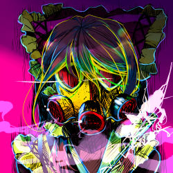 Rule 34 | 1girl, alternate color, alternate hair color, arms at sides, bad id, bad pixiv id, blonde hair, blue hair, bow, breath, female focus, frilled bow, frilled shirt collar, frills, gas mask, gradient background, gradient hair, green hair, hair between eyes, hair bow, hair tubes, hakurei reimu, htm (gixig), looking at viewer, mask, multicolored hair, purple background, purple hair, smoke, solo, touhou, upper body