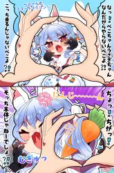 Rule 34 | 1girl, 2koma, absurdres, black gloves, blue hair, blush, closed eyes, comic, disembodied hand, gloves, highres, hololive, looking at viewer, multicolored hair, open mouth, rabbit-shaped pupils, red eyes, sakuramochi (sakura frappe), smile, snoot challenge, speech bubble, symbol-shaped pupils, thick eyebrows, translation request, usada pekora, usada pekora (1st costume), virtual youtuber, white hair
