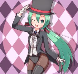 Rule 34 | 1girl, a-ktoo, argyle, argyle background, argyle clothes, cane, checkered background, fishnet pantyhose, fishnets, gloves, green eyes, green hair, hat, hatsune miku, leotard, long hair, low ponytail, magician, one eye closed, pantyhose, project diva, project diva (series), thighhighs, top hat, vocaloid
