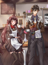 Rule 34 | 1boy, 1girl, absurdres, apron, black gloves, black hair, blush, breasts, brown hair, coffee cup, collared shirt, colored tips, cup, diamond-shaped pupils, diamond (shape), disposable cup, earrings, eyeliner, eyeshadow, flower-shaped pupils, formal, genshin impact, gloves, gradient hair, hair between eyes, highres, hoppo, hu tao (genshin impact), indoors, jacket, jewelry, korean commentary, long hair, long sleeves, looking at viewer, lower teeth only, maid, maid apron, makeup, menu, multicolored hair, necktie, open mouth, pants, plate, red eyes, red eyeshadow, shirt, single earring, small breasts, smile, star-shaped pupils, star (symbol), suit, symbol-shaped pupils, table, tassel, tassel earrings, teeth, thighhighs, thumb ring, twintails, vest, waitress, white necktie, yellow eyes, zhongli (genshin impact)