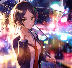 Rule 34 | 1girl, black hair, blurry, blurry background, blush, breasts, city lights, cleavage, collarbone, collared shirt, commentary, earrings, hand up, hayami kanade, highres, holding, holding umbrella, idolmaster, idolmaster cinderella girls, jacket, jewelry, long sleeves, looking at viewer, mairo, medium breasts, necklace, necktie, open clothes, open jacket, open mouth, outdoors, parted bangs, rain, red necktie, revision, shirt, short hair, signature, solo, umbrella, white shirt, yellow eyes