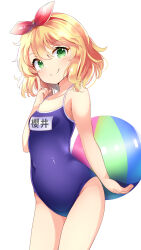 Rule 34 | 1girl, aru (arudes), ball, bare shoulders, beachball, blonde hair, blue one-piece swimsuit, blush, breasts, character name, closed mouth, collarbone, covered navel, cowboy shot, dot nose, green eyes, hair ribbon, hairband, highres, holding, holding ball, holding beachball, idolmaster, idolmaster cinderella girls, idolmaster cinderella girls starlight stage, idolmaster cinderella girls u149, index finger raised, looking at viewer, name tag, one-piece swimsuit, red hairband, red ribbon, ribbon, sakurai momoka, school swimsuit, short hair, simple background, small breasts, smile, solo, swimsuit, white background