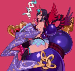 Rule 34 | 1girl, absurdres, ass, bare shoulders, black thighhighs, breasts, commentary, ennuigrl, fate/grand order, fate (series), food, fruit, highres, looking at viewer, looking back, medium breasts, nail polish, purple eyes, purple hair, red background, short hair, shuten douji (fate), simple background, sitting, smile, solo, thick thighs, thighhighs, thighs