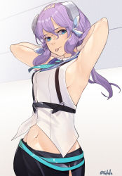 Rule 34 | 1girl, arms behind head, belt, blue eyes, cowboy shot, fuwafuwatoufu, hair ornament, hair ribbon, highres, kantai collection, langley (kancolle), looking at viewer, medium hair, mouth hold, one-hour drawing challenge, pencil skirt, purple hair, ribbon, rubber band, shirt, side slit, skirt, sleeveless, sleeveless shirt, solo, white background, white shirt