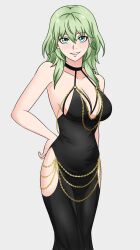 Rule 34 | 1girl, alisa (vallurite), alternate costume, bare arms, bare shoulders, black choker, black dress, breasts, byleth (female) (fire emblem), byleth (fire emblem), chain, choker, cleavage, commentary, dress, english commentary, feet out of frame, fire emblem, fire emblem: three houses, gold chain, green eyes, green hair, grey background, grin, highres, large breasts, long hair, looking at viewer, meme attire, modakawa dress, nintendo, simple background, sleeveless, sleeveless dress, smile, solo, standing