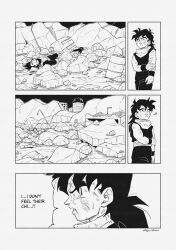 Rule 34 | 5boys, absurdres, armor, blank eyes, comic, commentary, corpse, crying, death, dirty, dougi, dragon ball, dragonball z, eegiiartto, english commentary, english text, highres, lamppost, male focus, monochrome, motion lines, multiple boys, muscular, muscular male, right-to-left comic, rubble, ruins, signature, son gohan, son gohan (future), streaming tears, sweatdrop, tears, tenshinhan, vegeta, wristband, yamcha