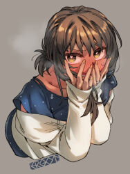 Rule 34 | 1girl, artist logo, artist name, blue dress, blush, brown hair, collarbone, dress, ergot, fingernails, fubuki (kancolle), green eyes, grey background, hair between eyes, hands on own face, jacket, jewelry, kantai collection, long sleeves, official alternate costume, open mouth, ring, short hair, short ponytail, simple background, solo, upper body, wedding ring, white jacket