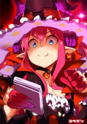 Rule 34 | 1girl, black choker, black hat, blue eyes, cellphone, choker, clenched hand, closed mouth, collarbone, dragon horns, earrings, elizabeth bathory (fate), elizabeth bathory (halloween caster) (fate), fang, fang out, fate/grand order, fate (series), food-themed earrings, food themed earrings, hat, holding, holding phone, horns, jack-o&#039;-lantern, jewelry, long hair, phone, pink hair, pointy ears, pumpkin earrings, smartphone, smile, solo, star (symbol), star print, upper body, witch hat, yuuzii