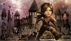 Rule 34 | absurdres, aged down, bandaid, bandaid on face, bandaid on nose, boots, bound, bow (weapon), brown hair, chibi, green eyes, highres, ice axe, kokecit, lara croft, long hair, multiple boys, multiple girls, playground, ponytail, solo focus, tank top, tied up (nonsexual), tomb raider, tomb raider (reboot), weapon, wide-eyed