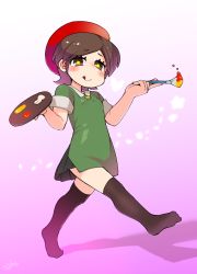 Rule 34 | 1girl, adeleine, ado, beret, blush, brown hair, hat, heart, highres, kirby&#039;s dream land 3, kirby (series), licking lips, looking at viewer, masha, nintendo, paint, paintbrush, palette (object), pink background, pleated skirt, short hair, skirt, solo, star (symbol), symbol-shaped pupils, thighhighs, tongue, tongue out