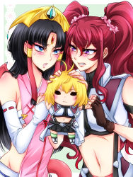 Rule 34 | 10s, 3girls, angelise ikaruga misurugi, angry, bare shoulders, black hair, blonde hair, blue eyes, blush, bridal gauntlets, brown gloves, character doll, clenched teeth, cross ange, dragon girl, dragon tail, dragon wings, eye contact, female focus, fingerless gloves, forehead jewel, gloves, groin, hair ornament, hair tubes, highres, hilda (cross ange), hime cut, japanese clothes, jealous, kiraki, lips, long hair, looking at another, midriff, multiple girls, navel, neck, open mouth, purple eyes, red hair, sala (cross ange), salamandinay, scrunchie, sleeveless, sweatdrop, tail, teeth, twintails, uniform, v-neck, wings, yuri