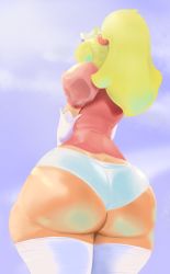 Rule 34 | 1girl, ass, blonde hair, breasts, butt crack, daser (xopachi), from behind, huge ass, mario (series), nintendo, panties, ponytail, princess peach, sky, small breasts, solo, super mario bros. 1, thick thighs, thighs, underwear, wide hips