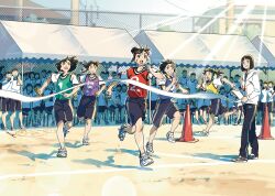 Rule 34 | 2boys, 6+girls, absurdres, arm around neck, bird, black pants, black shorts, blue headband, blue sky, blue vest, bow, brown eyes, brown hair, chain-link fence, cheering, clenched hand, closed eyes, commentary, day, eyelashes, fence, finish line, full body, green bow, green headband, grey footwear, grey shirt, grin, hair bun, hairband, happy, headband, highres, holding, holding cue stick, holding ribbon, hood, hood down, hooded jacket, house, jacket, kariya (kry aia), knees, light blush, long hair, long sleeves, multiple boys, multiple girls, original, outdoors, outline, pants, partially unzipped, penguin, people, ponytail, power lines, purple vest, red hairband, red vest, ribbon, running, shadow, shirt, shoes, short hair, short sleeves, shorts, single hair bun, sky, smile, sneakers, stick, sunlight, sweatdrop, sweatpants, t-shirt, traffic cone, tree, v-shaped eyebrows, vest, white footwear, white headband, white jacket, white outline, white shirt, yellow vest, zipper pull tab