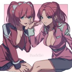 Rule 34 | 2girls, agnes giebenrath, black skirt, blue eyes, breasts, flay allster, gundam, gundam seed, gundam seed freedom, hair ornament, highres, jacket, large breasts, lipstick, long hair, looking at viewer, makeup, military, military uniform, multiple girls, open clothes, open jacket, open mouth, oyu de toku, pink hair, pleated skirt, purple eyes, red hair, sitting, skirt, smile, twintails, uniform, voice actor connection