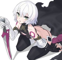Rule 34 | 1girl, ass, bandaged arm, bandages, bare shoulders, black panties, black thighhighs, breasts, butt crack, chorefuji, collarbone, commentary request, artistic error, eyelashes, facial scar, fate/grand order, fate (series), gloves, green eyes, holding, holding weapon, jack the ripper (fate/apocrypha), looking at viewer, open mouth, panties, scar, scar across eye, scar on cheek, scar on face, short hair, small breasts, solo, tattoo, thighhighs, underwear, weapon, white hair, wrong hand