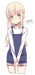 Rule 34 | 1girl, :o, blonde hair, blue eyes, blush, dated, head tilt, long hair, long sleeves, looking at viewer, maze (gochama ze gohan), original, overall shorts, overalls, own hands together, parted lips, shirt, signature, simple background, sketch, solo, v arms, white background, white shirt