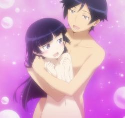 Rule 34 | 1boy, 1girl, :d, bishie sparkle, black hair, blue eyes, blunt bangs, blush, censored, clenched hands, convenient censoring, couple, eye contact, flat chest, gokou ruri, hand on another&#039;s shoulder, happy, height difference, hetero, highres, hime cut, hug, hug from behind, kousaka kyousuke, light particles, long hair, looking at another, mole, mole under eye, navel, non-web source, nude, open mouth, ore no imouto ga konna ni kawaii wake ga nai, out-of-frame censoring, parted bangs, purple background, screencap, short hair, smile, sparkle, standing, stitched, third-party edit, upper body
