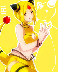 Rule 34 | 1girl, ampharos, blonde hair, bracelet, brown eyes, cleavage cutout, clothing cutout, creatures (company), game freak, gen 2 pokemon, halterneck, halterneck, highres, jewelry, nail polish, navel, nintendo, personification, pokedex number, pokemon, short hair, solo, steepled fingers, tail, takeshima eku, thighhighs, yellow thighhighs