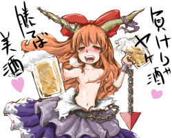 Rule 34 | 1girl, alcohol, armpits, bad id, bad pixiv id, beer, blush, bow, censored, chain, collarbone, convenient censoring, cup, drooling, drunk, fang, female focus, flat chest, hair bow, hair censor, hair ribbon, half-closed eyes, heart, horn ornament, horn ribbon, horns, ibuki suika, long hair, mug, navel, open mouth, orange hair, outstretched arm, red eyes, ribbon, saliva, skirt, solo, tongue, topless, torn clothes, touhou, translated, utauinu, wrist cuffs