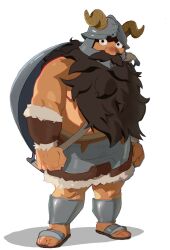 Rule 34 | 1boy, arms at sides, bara, beard, brown hair, clenched hands, dungeon meshi, dwarf, facial hair, fake horns, full body, helmet, highres, horned helmet, horns, jusdegov, long beard, looking at viewer, male focus, mustache, pectorals, senshi (dungeon meshi), sidepec, solo, standing, thick mustache, very long beard, white background, wok