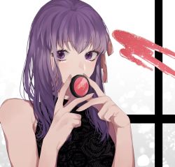 Rule 34 | 1girl, alternate costume, bad id, bad twitter id, bare arms, bare shoulders, black background, black dress, commentary request, covering own mouth, dress, fate/stay night, fate (series), floral print, hair ribbon, highres, holding, long hair, looking at viewer, makeup, matou sakura, print dress, purple eyes, purple hair, ribbon, shimatori (sanyyyy), solo, upper body, white background