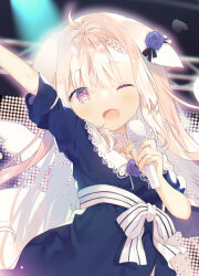 Rule 34 | 1girl, ;d, animal ears, arm up, blue dress, blue flower, blue rose, bow, braid, braided bangs, detached wings, dog ears, dress, ear flower, fang, flower, hand up, holding, holding microphone, ion kurumi, light brown hair, long hair, looking at viewer, microphone, one eye closed, open mouth, purple eyes, reface music production, rose, shirt, short sleeves, smile, solo, striped, striped bow, very long hair, virtual youtuber, white shirt, white wings, wings, yuizaki kazuya
