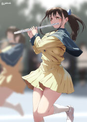 Rule 34 | 2girls, aya (jonsun), blue bow, blurry, blurry background, bow, brown eyes, brown hair, commentary request, flute, hair bow, holding, holding instrument, instrument, jonsun, long sleeves, multiple girls, original, playing flute, pleated skirt, shoes, skirt, sneakers, socks, solo focus, standing, standing on one leg, thighs, transverse flute, twintails, twitter username, white footwear, white socks, yellow skirt