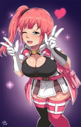 Rule 34 | 1girl, ;d, artist name, black thighhighs, blue eyes, breasts, gloves, heart, highres, kureha (sao:fb), large breasts, looking at viewer, one eye closed, open clothes, open mouth, open shirt, pink thighhighs, puffy nipples, red hair, shirt, side ponytail, sidelocks, signature, smile, solo, sword art online, sword art online: fatal bullet, teeth, thighhighs