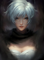 Rule 34 | 1girl, absurdres, artist name, breasts, chuby mi, cleavage, cloak, closed mouth, commentary request, dark background, highres, large breasts, lips, looking at viewer, original, portrait, revision, short hair, solo, upper body, watermark, white eyes, white hair