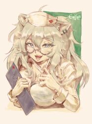 Rule 34 | 1girl, animal ear fluff, animal ears, artist name, blue eyes, border, breasts, brown border, clipboard, ear piercing, empikuro, glasses, gloves, green background, grey hair, hair between eyes, hat, highres, holding, holding clipboard, hololive, jacket, large breasts, lion ears, long hair, looking at viewer, mask pull, nurse, nurse cap, open mouth, piercing, shishiro botan, smile, solo, virtual youtuber, white gloves, white jacket