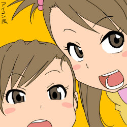 Rule 34 | 2girls, blush, brown eyes, brown hair, futami ami, futami mami, hair bobbles, hair ornament, idolmaster, idolmaster (classic), kozou (rifa), lowres, multiple girls, open mouth, siblings, side ponytail, simple background, sisters, translation request, twins
