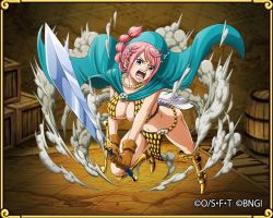 Rule 34 | 1girl, armor, bikini armor, breasts, cape, curvy, jumping, large breasts, long hair, looking at viewer, one piece, pink hair, rebecca (one piece), sad, shiny skin, sword, weapon