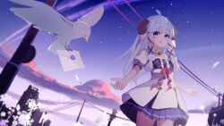 Rule 34 | 1girl, :o, absurdres, bird, blue eyes, blue skirt, breasts, building, cloud, cowboy shot, dress, dusk, envelope, feathers, flower, gradient sky, hair ribbon, highres, horns, letter, long hair, looking to the side, merry (meumy), meumy, mi yao ye yoko, outdoors, parted lips, pleated skirt, power lines, puffy short sleeves, puffy sleeves, purple sky, red ribbon, ribbon, sheep horns, short sleeves, skirt, sky, small breasts, solo, standing, star (sky), starry sky, thighs, twintails, virtual youtuber, wax seal, white bird, white dress, white feathers, white flower, white hair