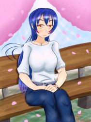 Rule 34 | 1girl, artist name, artist request, belt, blue hair, blue pants, blush, breasts, brown eyes, drop necklace, falling petals, female focus, grey belt, hair between eyes, hand to own mouth, highres, jewelry, long hair, looking at viewer, love live!, love live! school idol project, medium breasts, necklace, outdoors, pants, parted lips, petals, pink lips, pink petals, shirt, short sleeves, sitting, smile, solo, sonoda umi, watch, white shirt, wristwatch, yellow eyes