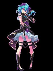 Rule 34 | 1girl, aqua hair, blue hair, frilled skirt, full body, grin, high heel boots, knee boots, long hair, looking at viewer, miniskirt, official art, pigeon-toed, project tokyo dolls, red eyes, skirt, sleeveless, small breasts, solo, square enix, standing, transparent background, yamada (project tokyo dolls), zettai ryouiki