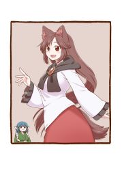 Rule 34 | 2girls, :3, :d, aged down, animal ear fluff, animal ears, black border, black scarf, blouse, blue eyes, blue hair, border, brown hair, closed mouth, crossed arms, fins, gem, green kimono, hand up, head fins, imaizumi kagerou, japanese clothes, kimono, long hair, long sleeves, looking at viewer, multiple girls, open mouth, poronegi, purple background, red eyes, red skirt, scarf, shirt, simple background, skirt, smile, solo focus, standing, tail, touhou, wakasagihime, waving, white shirt, wolf ears, wolf tail