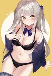 Rule 34 | 1girl, absurdres, arm support, black bra, black panties, blazer, blunt bangs, blush, bra, braid, breasts, brown eyes, cleavage, closed mouth, from above, frown, highres, jacket, kurousagi yuu, lace, lace-trimmed panties, lace trim, long hair, looking at viewer, looking up, medium breasts, mole, mole on breast, nail polish, navel, neckerchief, off shoulder, open clothes, open jacket, open shirt, original, panties, purple nails, school uniform, silver hair, sitting, solo, sweat, two side up, underwear, undressing