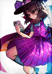 Rule 34 | 1girl, brown eyes, brown hair, cape, cellphone, commentary, glasses, hat, hat ribbon, highres, ichirugi, low twintails, phone, ribbon, school uniform, selfie, short hair, short sleeves, signature, smartphone, solo, touhou, twintails, usami sumireko, violet detector, w