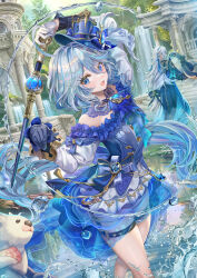 Rule 34 | 1boy, 1girl, alternate costume, asymmetrical gloves, bare shoulders, black gloves, black straps, blubberbeast (genshin impact), blue dress, blue eyes, blue gemstone, blue hair, blue headwear, breasts, detached collar, dress, drop-shaped pupils, floating hair, frills, furina (genshin impact), gem, genshin impact, gloves, hat, highres, holding, holding sword, holding weapon, left-handed, leisurely otter (genshin impact), long hair, long sleeves, looking at viewer, mismatched pupils, neuvillette (genshin impact), open mouth, otter, revision, small breasts, smile, solo focus, sword, symbol-shaped pupils, thigh strap, top hat, torino aqua, weapon, white gloves