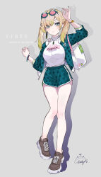 Rule 34 | 1girl, absurdres, arm up, bag, blonde hair, blue jacket, blue shorts, breasts, brown footwear, copyright request, covered collarbone, drop shadow, english text, eyewear on head, full body, grey background, grey eyes, hair ornament, hairclip, highres, jacket, jiujiuyatou (yayanzz), long hair, long sleeves, looking at viewer, medium breasts, open clothes, open jacket, red-tinted eyewear, shirt, shoes, short shorts, shorts, signature, simple background, sleeveless, sleeveless shirt, solo, standing, tinted eyewear, twintails, white shirt, x hair ornament