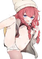 Rule 34 | 1girl, absurdres, animal ear headwear, animal ears, beanie, blue archive, blue eyes, blush, braid, breasts, fake animal ears, grey hat, grey jacket, hat, highres, jacket, leg up, long hair, long sleeves, looking at viewer, maki (blue archive), maki (camp) (blue archive), navel, nipples, official alternate costume, official alternate hairstyle, open clothes, open jacket, open mouth, panties, red hair, simple background, small breasts, solo, sweat, teranekosu, twin braids, underwear, white background, white panties
