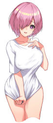 Rule 34 | 1girl, alternate costume, birkai, breasts, collarbone, commentary request, covered erect nipples, fate/grand order, fate (series), hair over one eye, highres, large breasts, light purple hair, looking at viewer, mash kyrielight, open mouth, purple eyes, purple hair, shirt, short hair, simple background, smile, solo, white background, white shirt