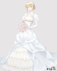 Rule 34 | 1girl, adapted costume, ahoge, alternate costume, artoria pendragon (all), artoria pendragon (fate), bad id, bad pixiv id, blonde hair, bouquet, dress, fate/stay night, fate (series), flower, nor (reader13), saber (fate), solo, wedding dress