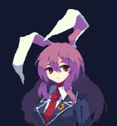 Rule 34 | 1girl, 4qw5, animal ears, black background, closed mouth, collared shirt, crescent print, hair between eyes, long hair, looking at viewer, necktie, pixel art, purple hair, rabbit ears, red eyes, red necktie, reisen udongein inaba, shirt, simple background, solo, touhou, white shirt