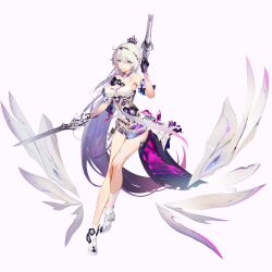 Rule 34 | bare shoulders, black flower, black gloves, black hairband, blue eyes, breasts, chinese commentary, cleavage, collar, commentary request, detached collar, detached sleeves, detached wings, flower, full body, gloves, gradient background, gradient hair, gun, hair ornament, hairband, high ponytail, highres, holding, holding gun, holding sword, holding weapon, honkai (series), honkai impact 3rd, jing dian da mo dao, kiana kaslana, kiana kaslana (herrscher of finality), large breasts, leotard, long hair, looking at viewer, multicolored hair, purple background, purple hair, purple hands, purple pupils, side ahoge, sidelocks, smile, star-shaped pupils, star (symbol), sword, symbol-shaped pupils, thigh strap, very long hair, weapon, white collar, white footwear, white hair, white leotard, white sleeves, white wings, wings