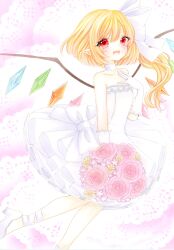 Rule 34 | 1girl, :d, absurdres, blonde hair, bouquet, bow, bridal veil, bride, choker, commentary request, crystal, dress, elbow gloves, fang, flandre scarlet, flat chest, flower, flower request, foot out of frame, gloves, hair bow, hand up, happy, high heels, highres, holding, holding bouquet, long hair, looking at viewer, marker (medium), no headwear, one side up, open mouth, pink flower, pointy ears, red eyes, short hair with long locks, simple background, skin fang, smile, solo, touhou, traditional media, veil, very long hair, wedding dress, white background, white bow, white dress, white gloves, wings, yuuki hana (jtnp5334)