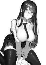 Rule 34 | 1girl, blush, breasts, cleavage, glasses, greyscale, highres, kneeling, koruse, large breasts, long hair, long sleeves, looking at viewer, monochrome, necktie, original, simple background, skirt, solo, thighhighs, thighs, white background, zettai ryouiki